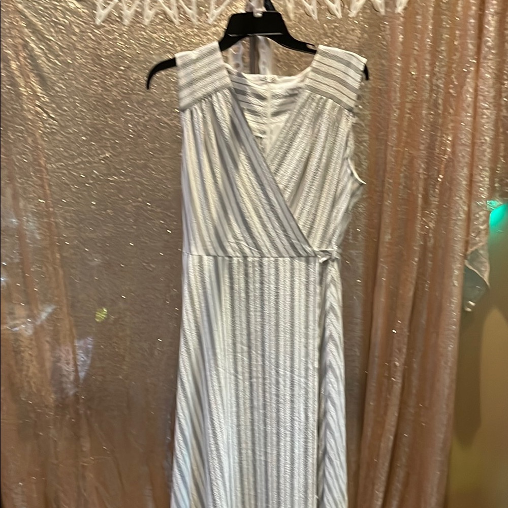 Calvin Klein Silver-Striped White Wrap Maxi Dress NWT